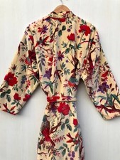 Velvet Kimono Robe Long Duster Coat Boho Floral Bird Print Dressing Gown Jacket