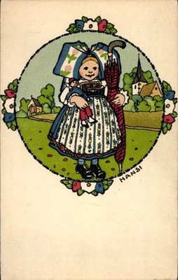 Künstler Ak Hansi, Mädchen in Elsässer Volkstracht, Schirm, Puppe - 4532602