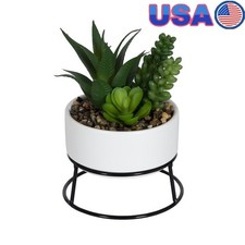 Green Artificial Succulent Plant in White Ceramic Planter W/ Black Metal Stand