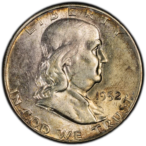 1952-P PCGS Certified AU58 Franklin Silver Half Dollar w/ Pretty Rainbow Edges