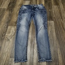 Miss Me Signature Embroidered Dark Blue Denim Ankle Skinny Jeans Women's Size 26