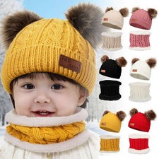 Toddler Kids Baby Boy Girl Winter Warm Knitted Beanie Hat Fleece Lined Scarf Set
