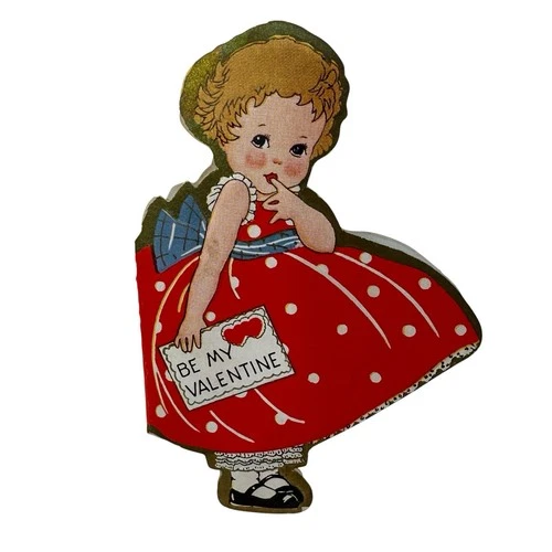 Vtg 30’s 40’s Valentine Be My Valentine Little Girl Polka Dot Red Dress Die Cut