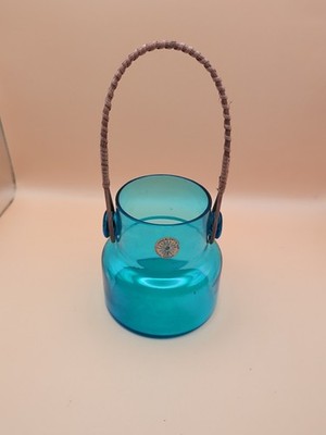 Vintage 1960s Takahashi Clear Blue Glass Cork Jar with Rattan Handle