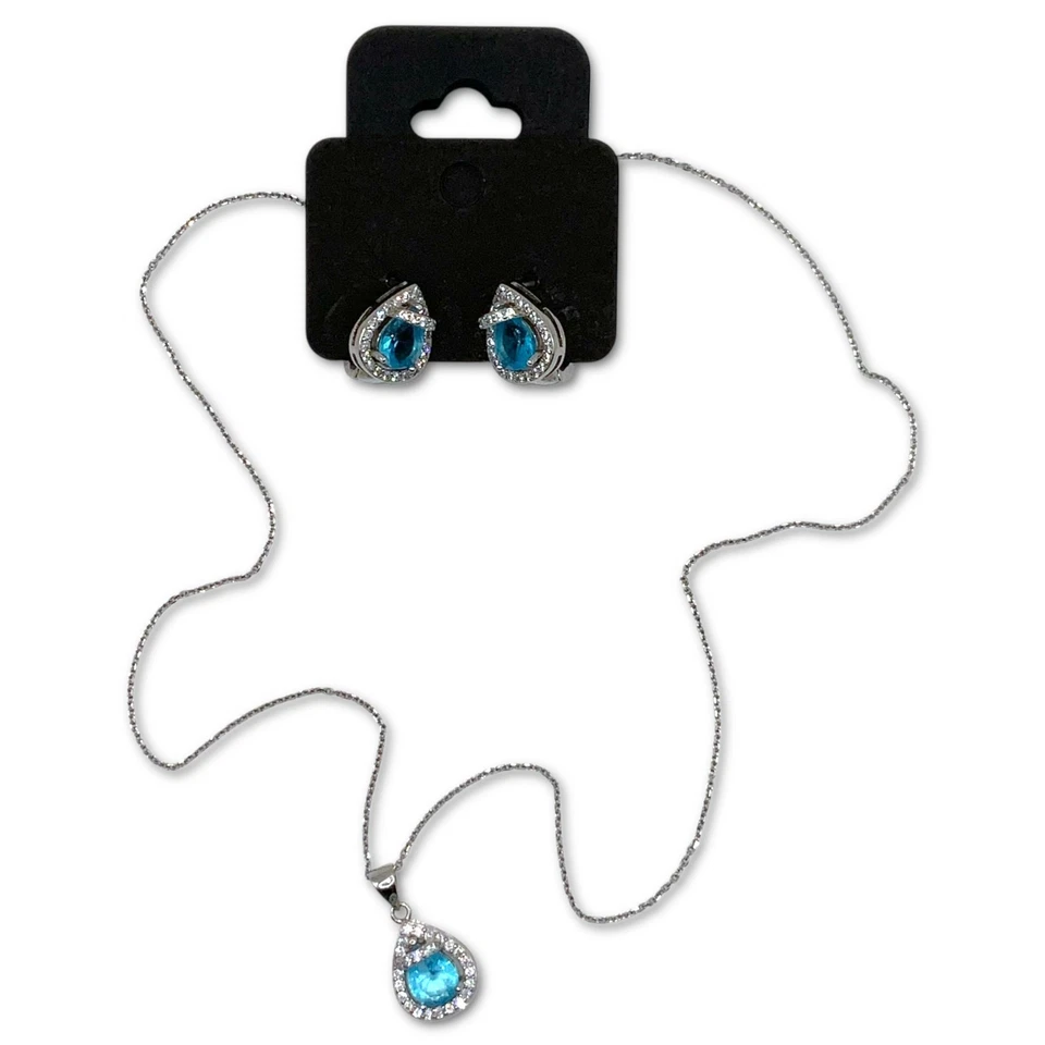 Juego de collar pendientes de topacio azul y zafiro blanco lágrima de plata de ley 925 Foto 2 de 4