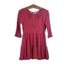 Free People Burgundy Red Embroidered Crochet Boho Dress Western Festival Size XS