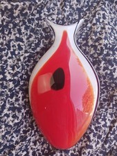 Murano Vase Red Orange Mid Century Black Dot Side Swirl Curved Lip 12 x 8" Hm