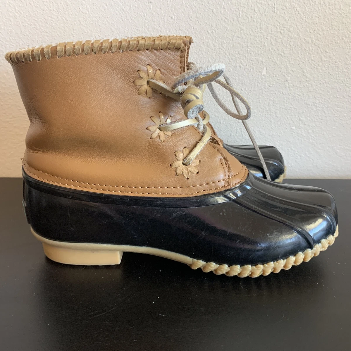 Jack Rogers Rain Duck Boots Fleece Lined Dark Brown Tan Leather Womens 6 EUC