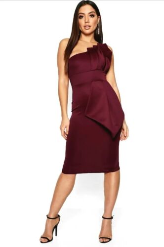 boohoo one shoulder midi dress UK  12-14 womens burgundy evening party - Picture 1 of 3
