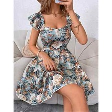 Floral Print Flutter Sleeve Cut Out Shirred Back Ruffle Hem Dress