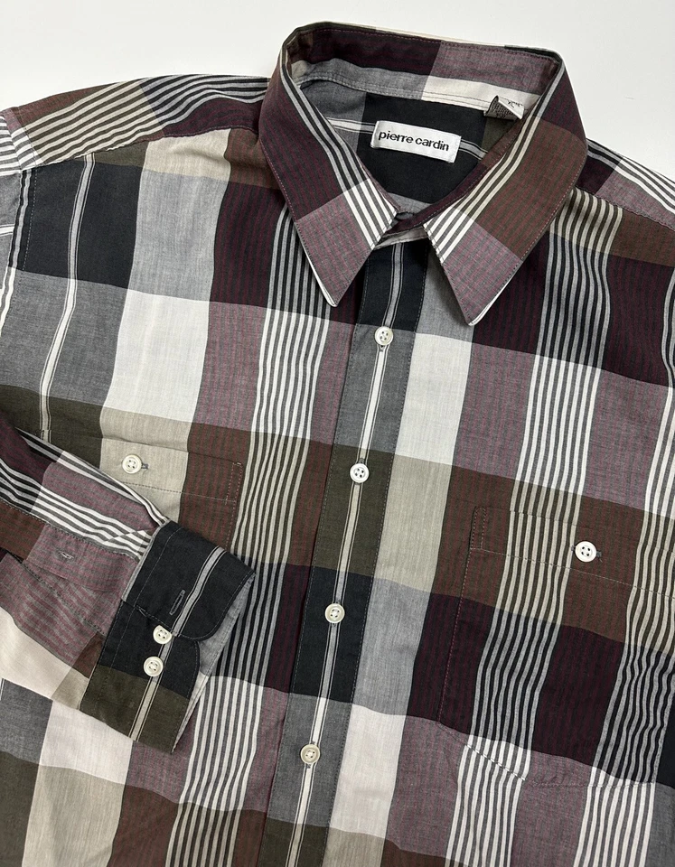 Camisa Deportiva Pierre Cardin Años 80 De Colección Hombres XL Rayas Cuadros Hipster Informal Preppy Foto 3 de 4