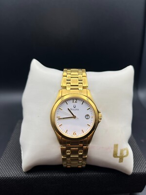 BULOVA QUARTZ MEN'S GOLD DRESS DATE WATCH A2 CASE | eBay