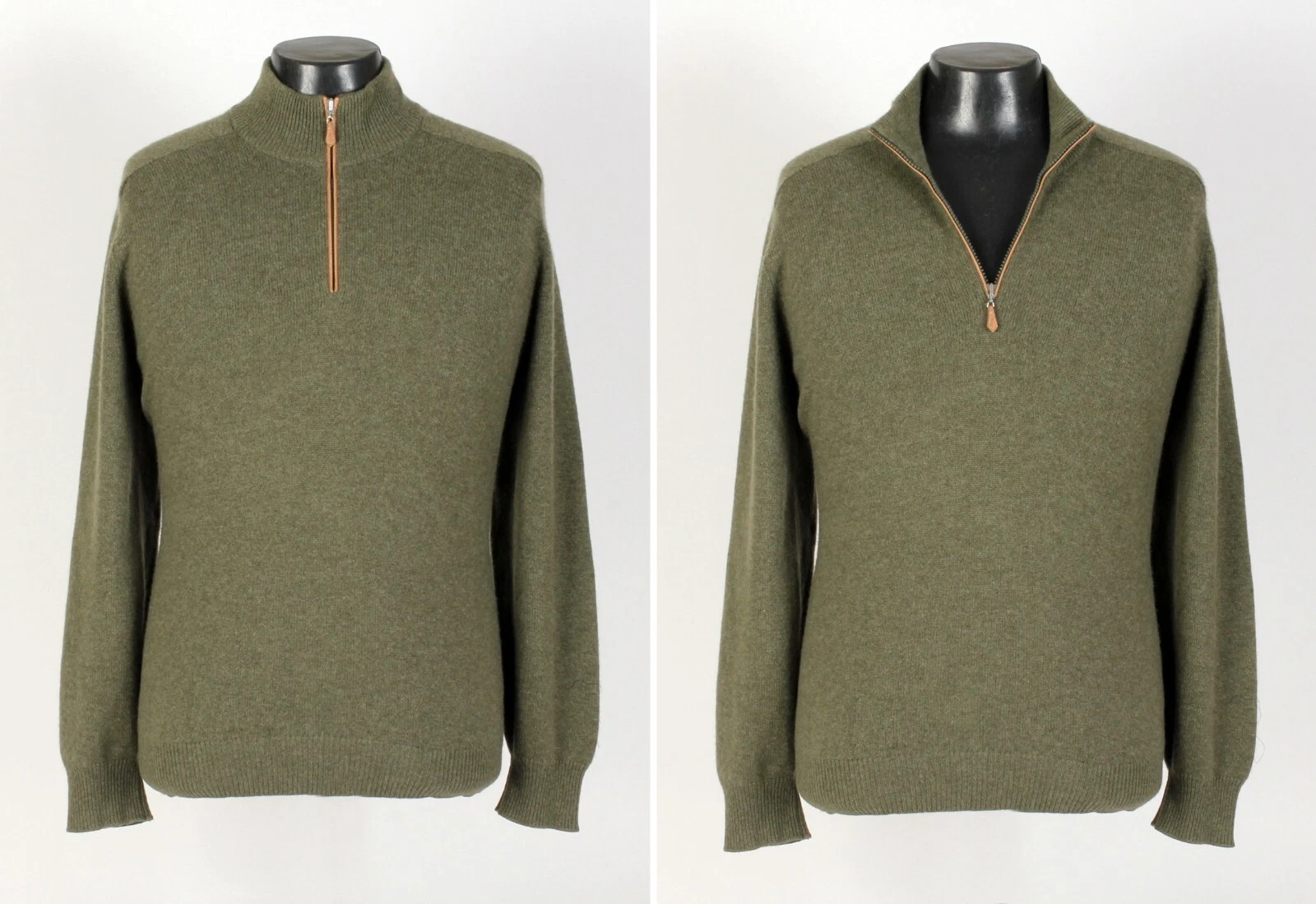 Brunello Cucinelli — Brunello Cucinelli 100% Cashmere / Leather ½ Zip Sweater - Green XL $2250 Retail