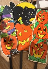 Vintage Halloween Yard Art Cat Pumpkin Impact Plastics Black Cat 1996 3pc Set