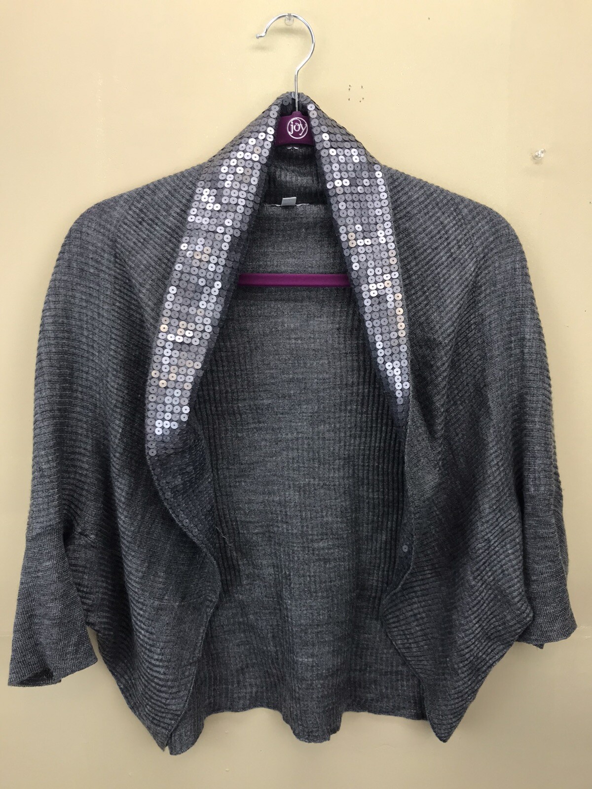 Cache Gray Sequin Open Front Sweater Cardigan Woo… - image 2