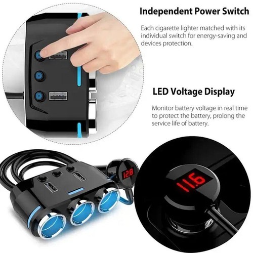 New 12V 3Way Car Cigarette Lighter Socket Splitter USB Charger Y3L4 2 Adap B3Y4 - Zdjęcie 17 z 21