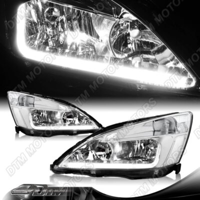 For 2003-2007 Honda Accord DRL LED Chrome Housing Headlights W/Clear Reflector