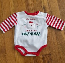 "Who Needs Santa when I have Grandma" Embroidered Striped Sleeve One Piece 0-3