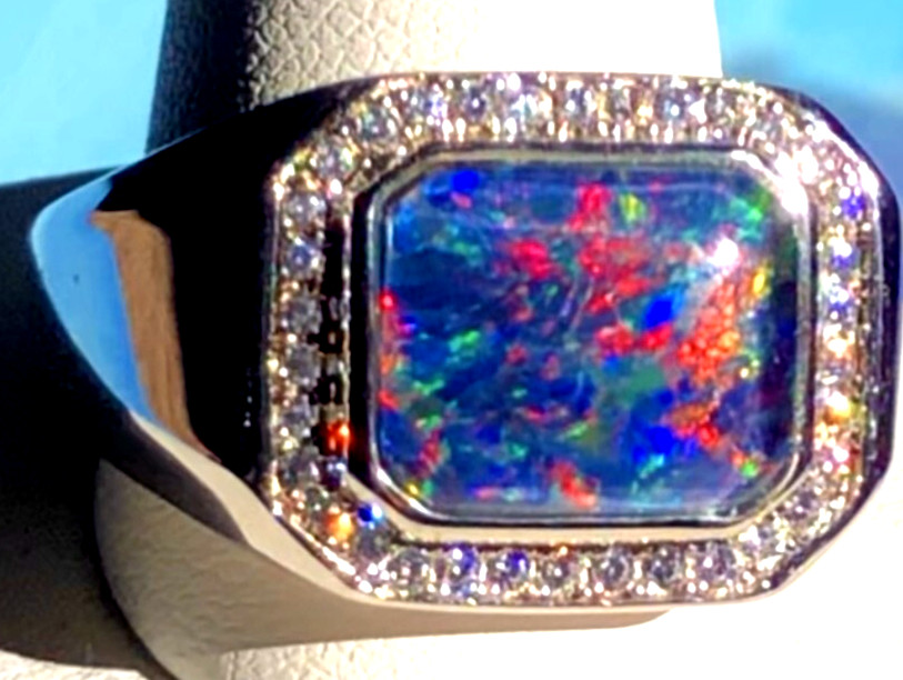 Mens Solid Black Opal Signet ring 9 Red Blue FIRE Halo Heavy Sterling ring VIDEO