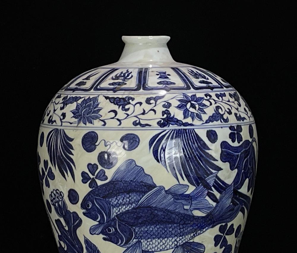 45CM Old Chinese Blue and White Vase W/ fish N604 | eBay