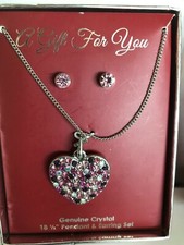 Multi Color Pave Crystal Heart 18" Silver Necklace  Crystal Stud Earring Set
