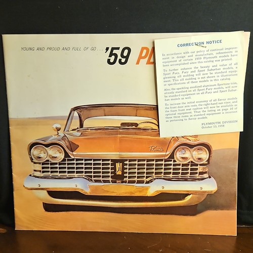 Plymouth 1959 Dealer Sales Brochure Catalog w/ Correction Notice Insert