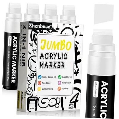 4 PCS White Jumbo Permanent Markers - 15mm Wide Tip Thick Acrylic Paint Pen, 