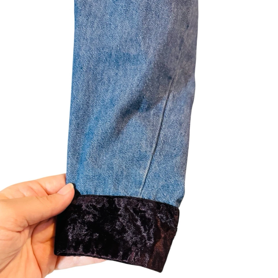 VENEZIA Jeans 90’s Denim Vestido Bolsillos Terciopelo Acentos en Cuello Mangas Botones Foto 3 de 4