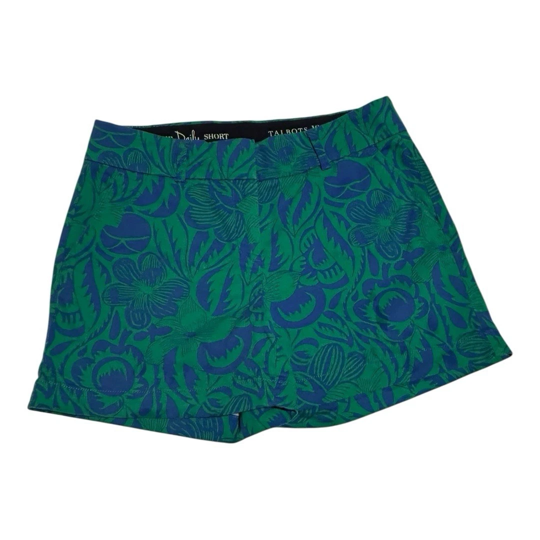 Talbots Shorts Sz 10 Tropical Green Blue Print Flat Front EUC