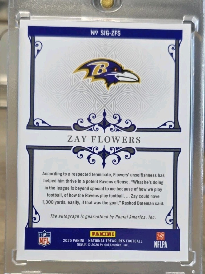 Zay Flowers 2025 Panini National Treasures Signatures Auto #77/99 - Ravens view 2