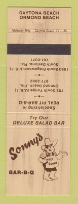 Matchbook Cover - Sonny's BBQ Daytona Beach Ormond Beach FL