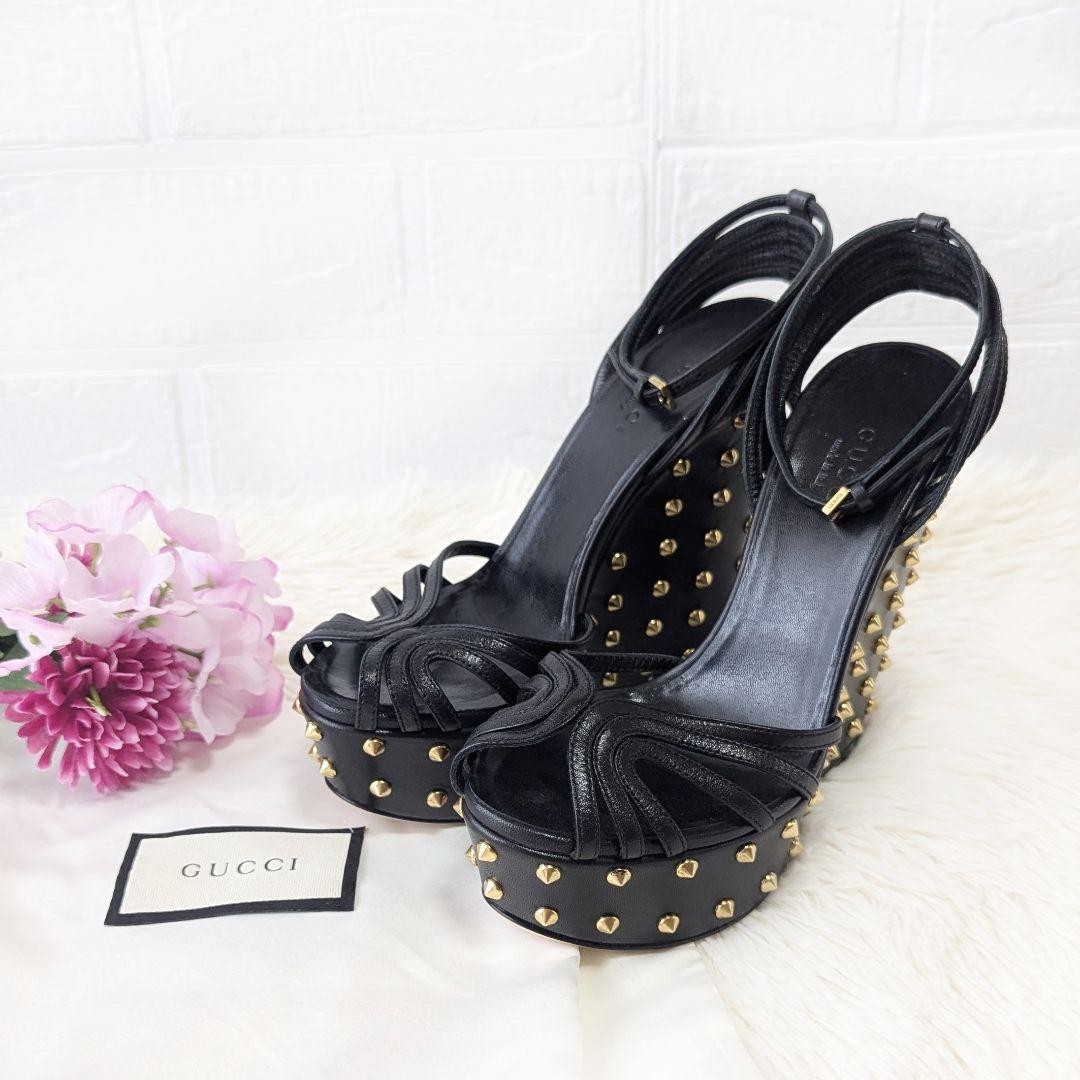 GUCCI Black Wedge Sandals with Gold Studs Women's US4 Auth