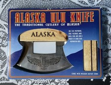 Alaska Ulu Knife with Wooden Display Stand NIP fruit cheese veg preparation