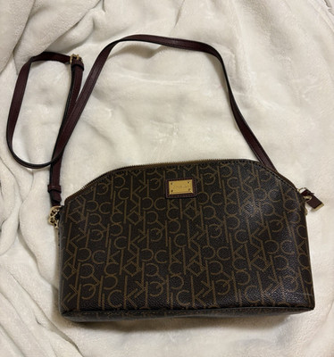 Calvin Klein Brown Monogram Crossbody Bag Zip Top Burgundy Strap Gold Hardware