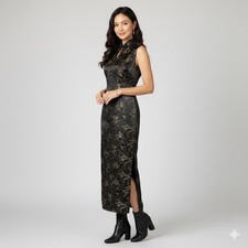 Vintage All That Jazz Dragon Brocade Cheongsam Midi Dress Black Gold Size Small