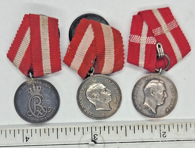 Danish Silver Merit and Long Service Buttonhole Medals 17mm with Ribbon Denmark