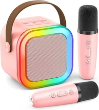 Karaoke Machine for Kids Adults, Portable Bluetooth Mini Karaoke with 2 Mic Pink