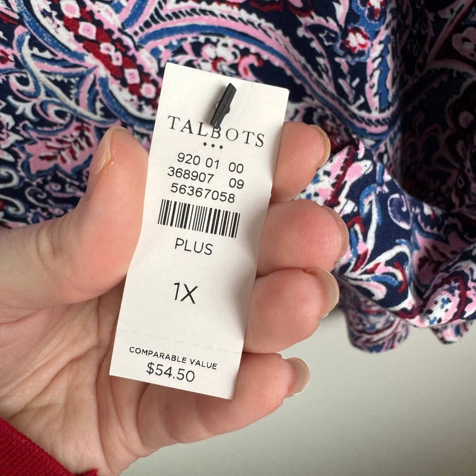 NUEVO CON ETIQUETAS Camiseta Talbots Paisley Talla 1X Multicolor Elastizada Cómoda Algodón Boho Otoño Informal Foto 4 de 4