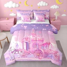 Kids Girls Comforter Set with Sheets Size Princess Carriage 7 Piece Queen Pink