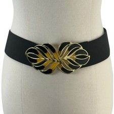 Vintage 80s Black Stretch Waist Belt Gold Leaf Buckle Wide Elastic 28  