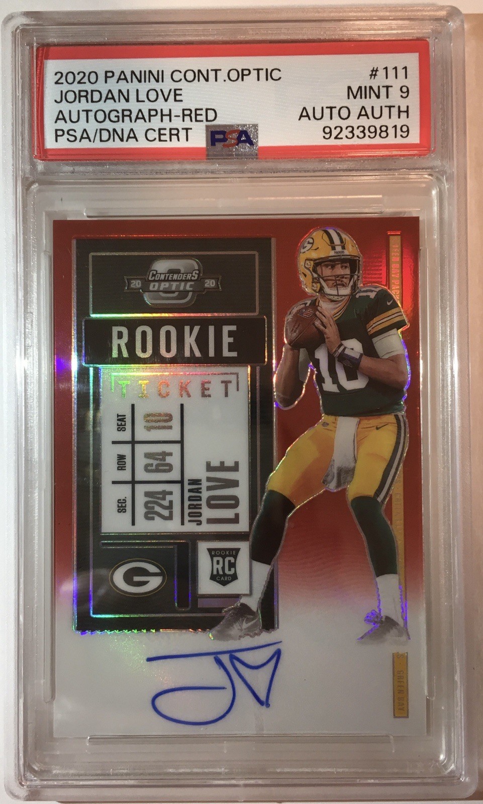 2020 Contenders Optic Rookie Ticket RPS Auto Jordan Love Red /199 PSA 9 See Desc