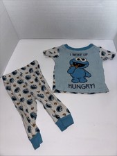 12m Snug fit Cookie Monster PJs Sleep Pants/shirt Blue White Sesame Street Vtg