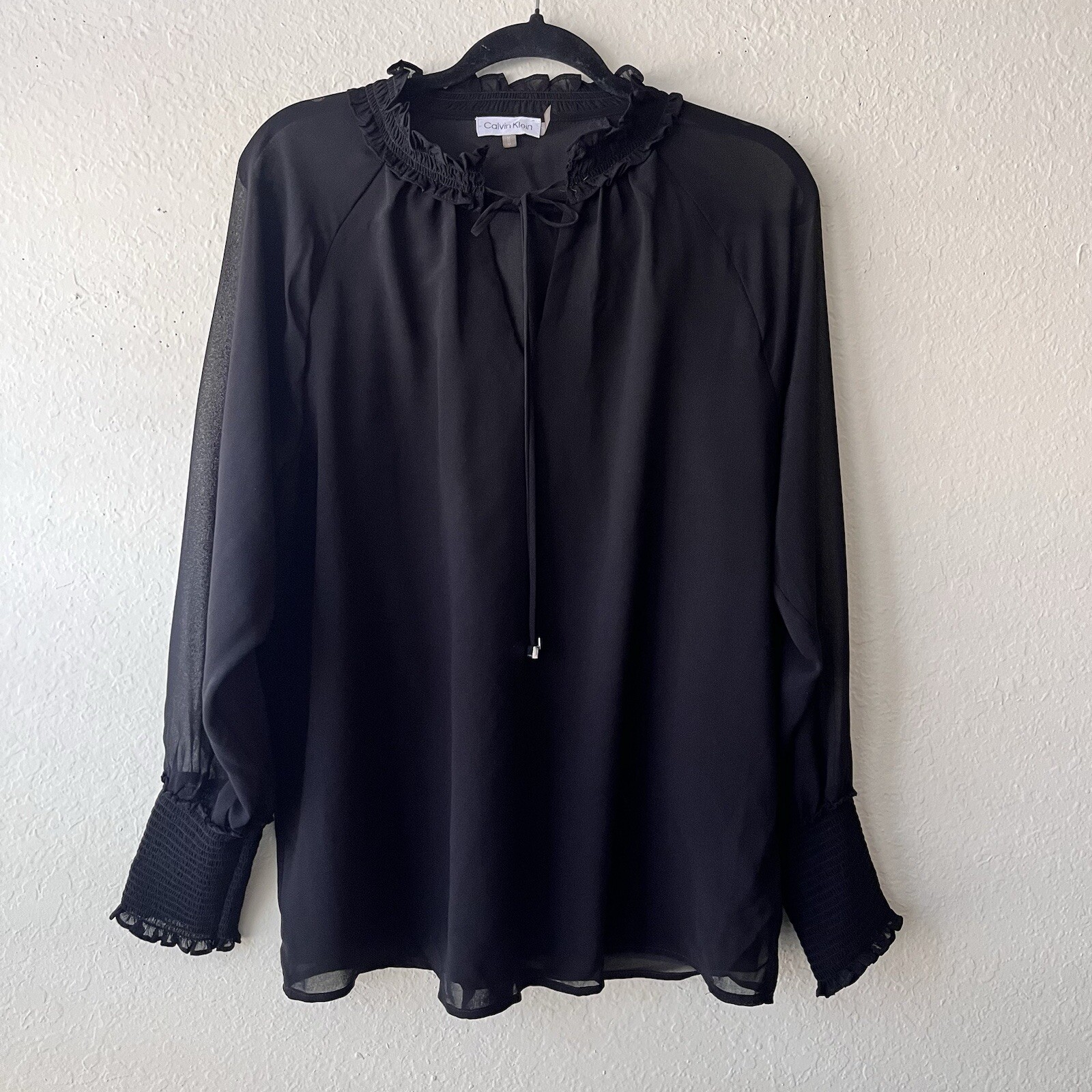 Calvin Klein Women Long Sleeve Sheer Lined Black Blouse Top Size M