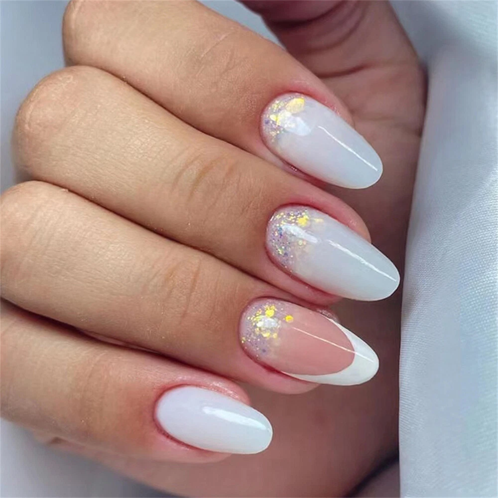 white almond nails with design