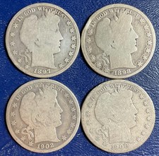 Set Lot 4 FOUR Barber Half Dollars 1897-P 1898-P 1902-O 1908-S silver Coins B362