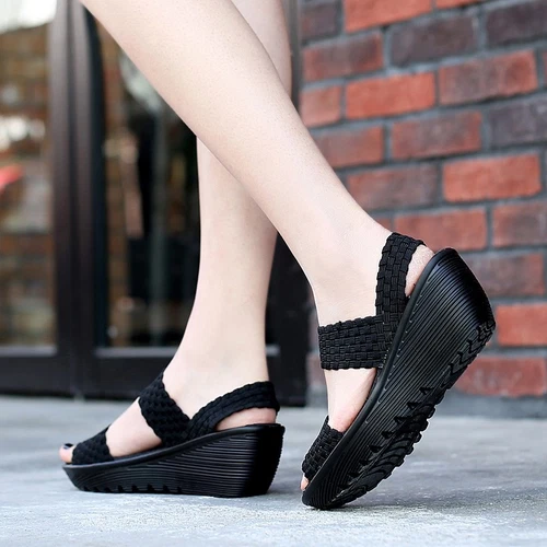 Damen-Sandale Sommer offene Peep Toe gewebt Ruhm Keilabsatz Komfort Mary Jane Schuhe - Bild 17 von 35
