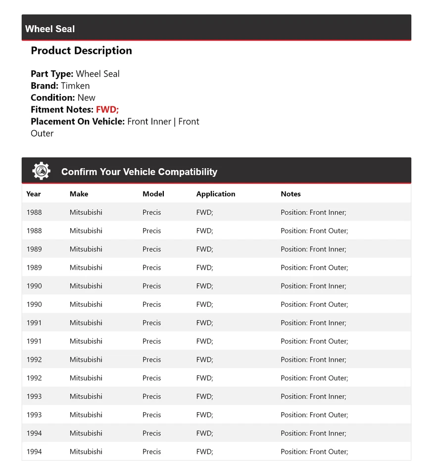 For 1988-1994 Mitsubishi Precis FWD Wheel Seal Timken 1989 1990 1991 1992 1993 - Image 2 of 4