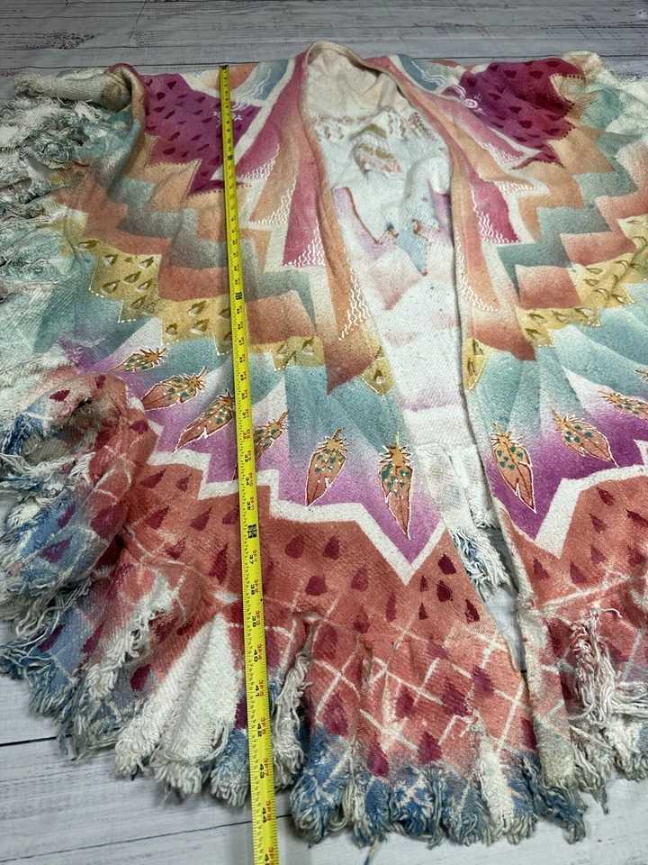 Medieval Renaissance Cape Cloak Hood Long Handmade Hand Painted Fringe Colorful - Image 3 of 4