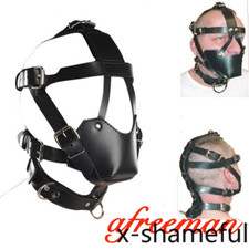 PU Leather Mask Head Hood with Open Mouth Gags Harness Slaver Headgear Binding