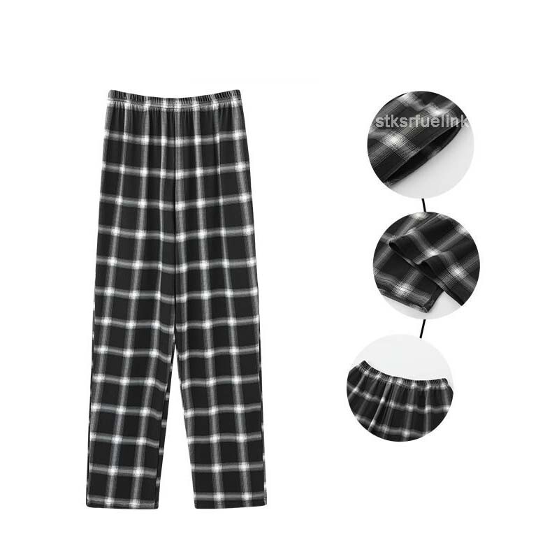 Mens Cotton Plaid Check Casual Pajamas Long Pants Lounge Trousers with